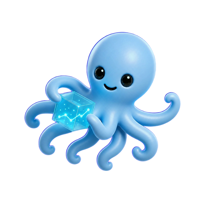 Octi, the AGENTEAMS mascot, holding a data cube